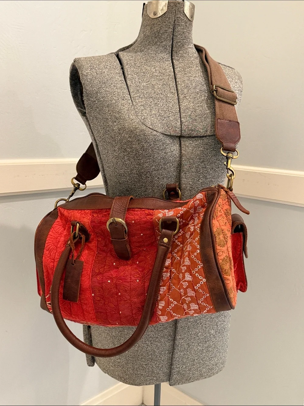 Boho Quilted Red & Orange Shoulder Satchel with Brown Leather Trim